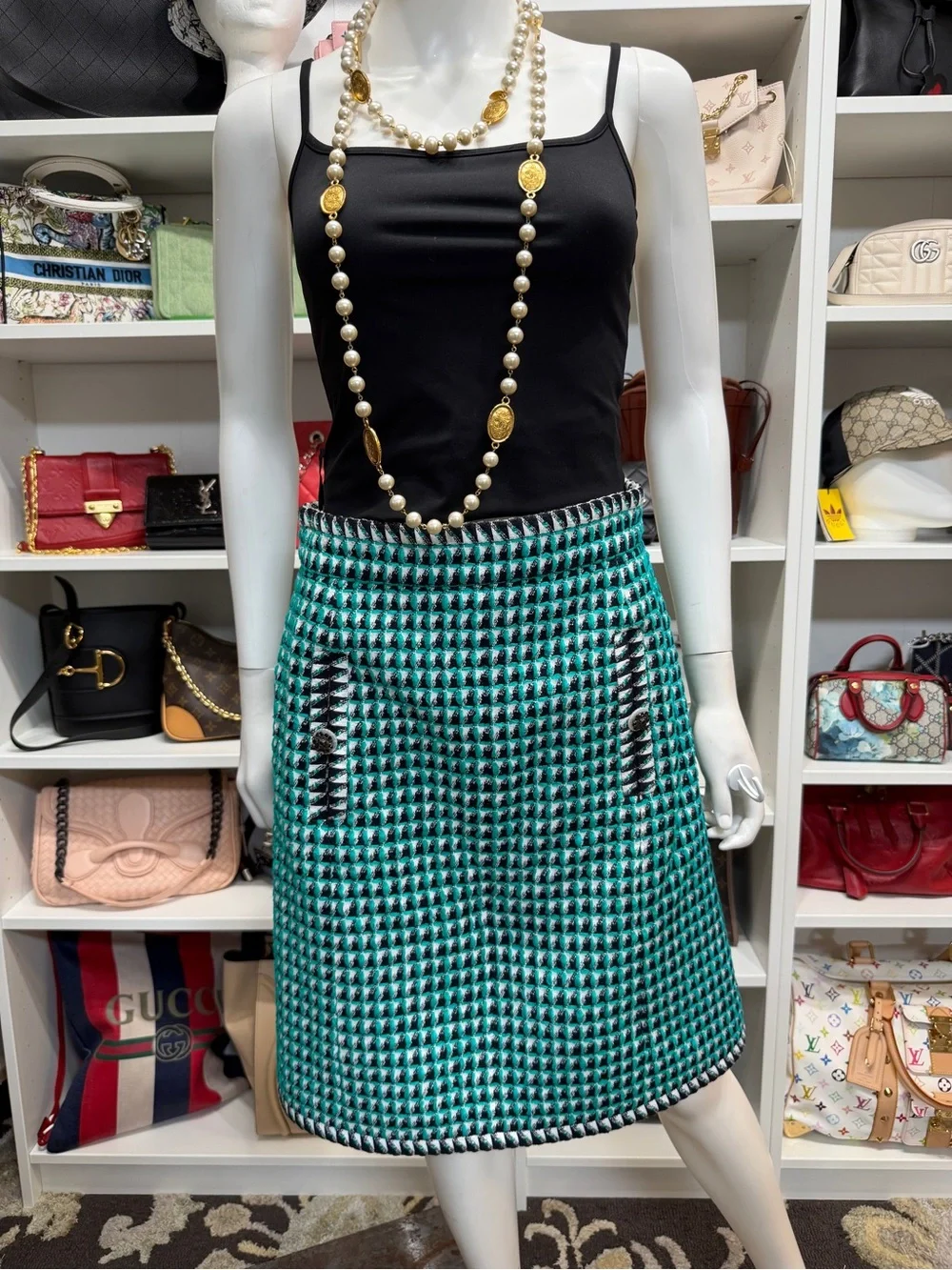 CHANEL Green Wool 16C SEOUL TWEED Skirt 40 NWT